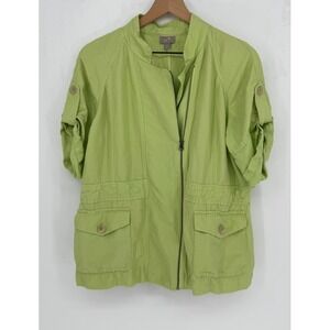 J. Jill Utility Jacket Medium Petite Green Linen Blend Zip Up Safari Coat Spring
